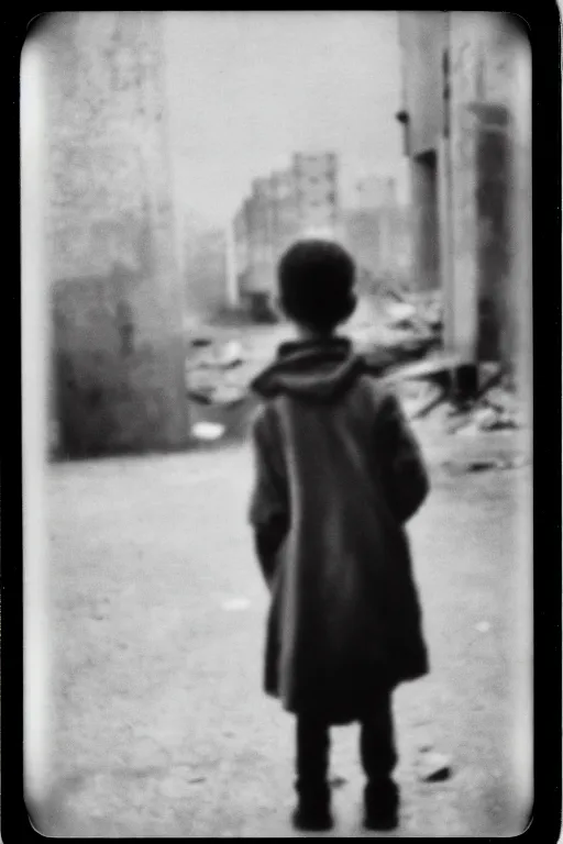 Image similar to photo polaroid of a sad and lonely child in a city devastated by bombs has a gun in his hand, loneliness,war, black and white ,photorealistic, 35mm film,