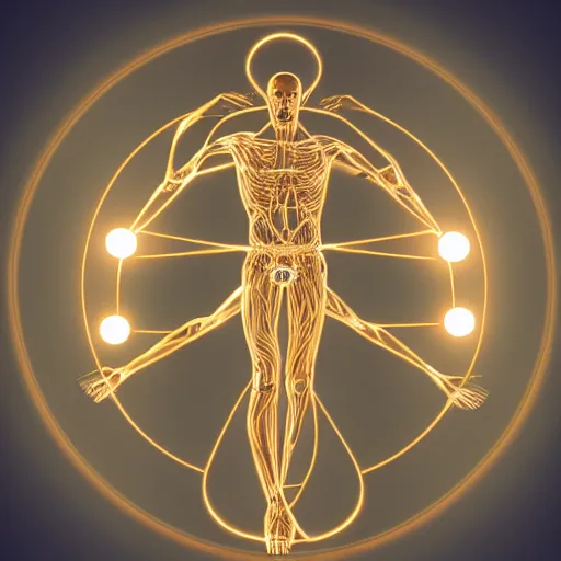 Prompt: beautiful centered fine art photo of vitruvian man as a solarpunk robotic humanoid, white mechanical parts with led lights, bouguereau style pose, photorealistic, white background, highly detailed and intricate, soft box lighting, hdr 8 k