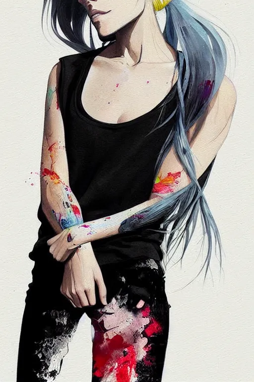 Image similar to a ultradetailed beautiful painting of a stylish woman in with white hair in a ponytail, she is wearing a black tank top and jeans, by conrad roset, greg rutkowski and makoto shinkai trending on artstation