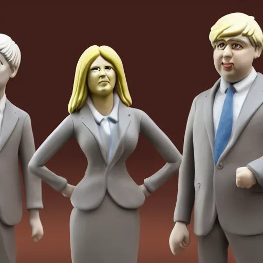 Image similar to clay figurine of boris johnson and rishi sunak and liz truss, blender, unreal engine, concept art, octane render, highly detailed, smooth, sharp focus