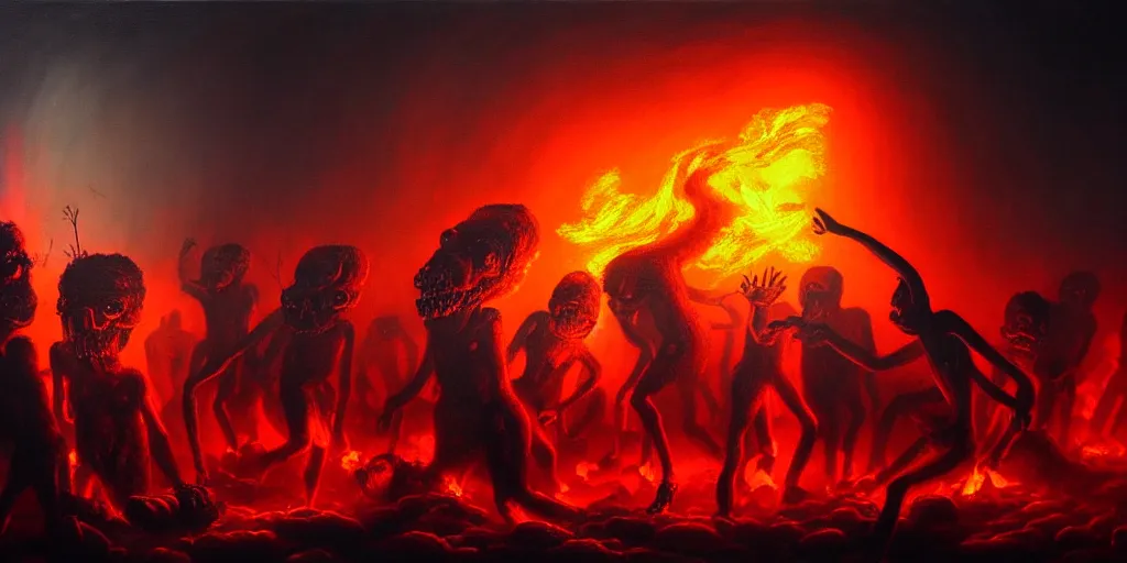 Image similar to personified emotion and thought creatures riot in a fiery wasteland, dramatic lighting glow from giant fire, attempting to escape to the surface and start a revolution, in a dark surreal painting by ronny khalil