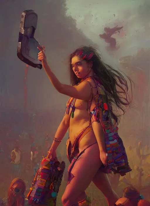 Image similar to hyper realistic photography of festival warrior curvy girl saturated colors, cinematic, greg rutkowski, rowena morrill, juan gimenez