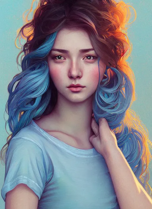 Image similar to handsome young women with shoulder length light blue hair, half body shot, path traced, highly detailed, high quality, digital painting, alena aenami, lilia alvarado, shinji aramaki, karol bak, alphonse mucha, tom bagshaw