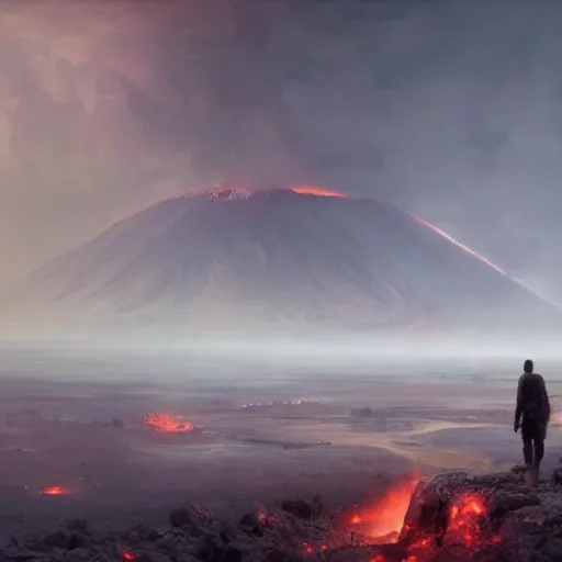 Image similar to the last selfie taken by an alien! in an apocalypse volcano in the background hd cinematic epic 8 k concept art by greg rutkowski