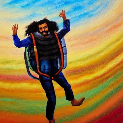 Image similar to arab man with long curly hair skydiving, pastel colors, oil painting, dreamy