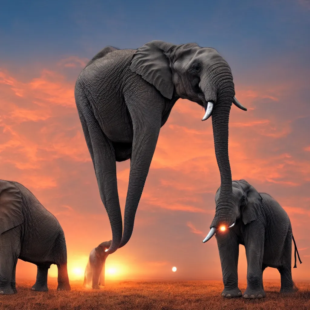 Image similar to An elephant with laser eyes, in front of a sunset