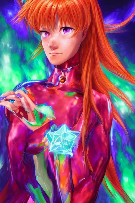 Image similar to a hyperdimensional priestess, Asuka Langley from Evangelion, neon rainbow quartz, gemstone, 4k detailed hyperrealistic digital photo by Andy Thomas, Mario Martinez, Daniel Mirante, Gustave Dore, Artstation, CGsociety