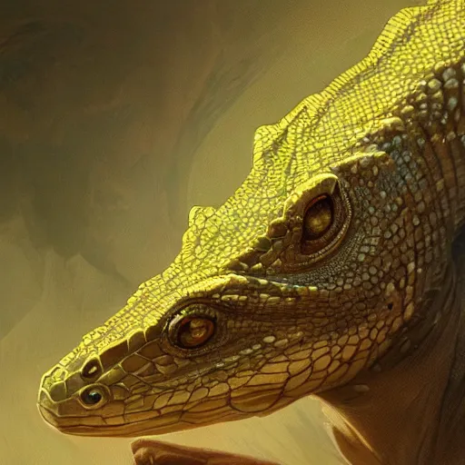 Image similar to lizard jesus, close up, reptilian, intricate, elegant, highly detailed, digital painting, artstation, concept art, smooth, sharp focus, illustration, art by greg rutkowski and alphonse mucha