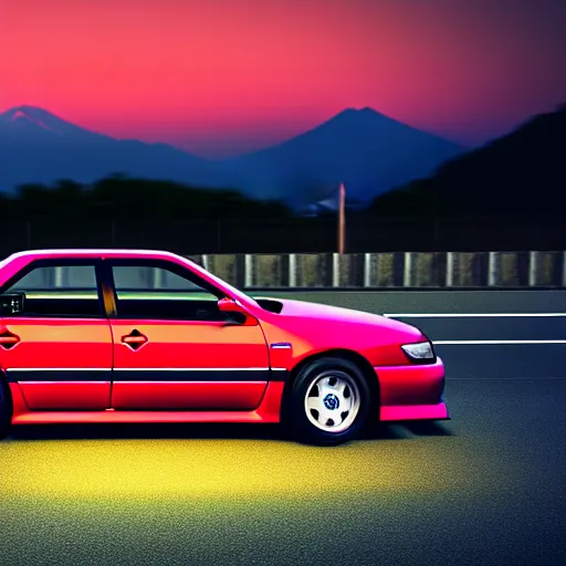 Image similar to a car drifting Toyota JZX100 in middle of road, gunma prefecture, city sunset, cinematic color, photorealistic, highly detailed, bokeh