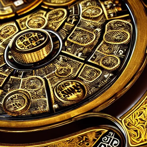 Prompt: a macro photo of a very beautiful gold and silver mechanical pacman game character, close - up, intricately detailed engravings, intricately detailed markings, intricate textures, warm lighting, vivid colors, realistic octane render, hyper realistic render, volumetric shading, depth of field, raytracing, 8 k,