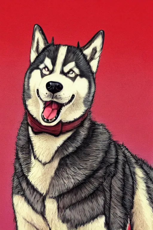 Image similar to a portrait painting of a husky in cowboy costume, wearing a cowboy hat, by [ studio ghibli ], in the style of anime, [ western film ], [ red dead ], trending on artstation