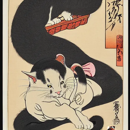 Prompt: a hokusai ukiyo - e portrait of a cat grooming itself, a shocked woman looks at the cat, japanese quote in the top left corner