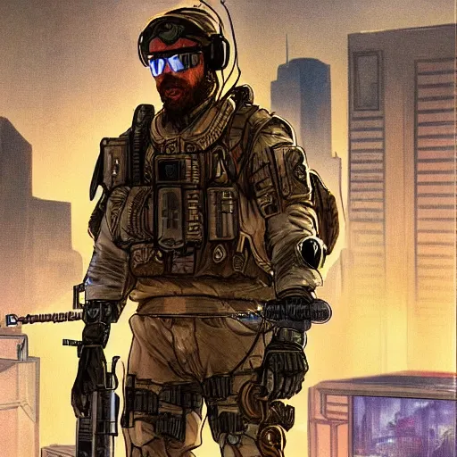 Image similar to Arthur. USN special forces futuristic recon operator, cyberpunk headset, on patrol in the Australian autonomous zone, deserted city skyline. 2087. Concept art by James Gurney and Alphonso Mucha