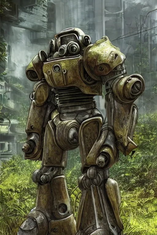 Prompt: Power armor enclave from Fallout 2 stands on a street overgrown with plants, high detail, smooth, clear focus, realism,