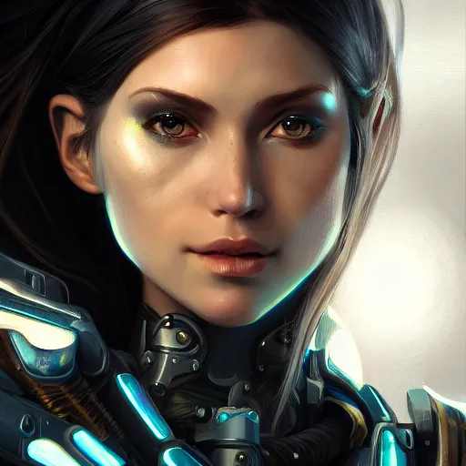 Image similar to closeup portrait of a young cyborg woman, cyberpunk, nighttime, fantasy, intricate, elegant, highly detailed, digital painting, artstation, concept art, matte, sharp focus, illustration, hearthstone, art by Artgerm and Gred Rutkowski and Alphonse Mucha