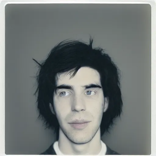 Image similar to a professional polaroid portrait photo of a beautiful man with an asymmetrical face with his eyes closed. the man has black hair, light freckled skin and a look of panic on his face. extremely high fidelity. key light. rainbow light bleed, film burn.