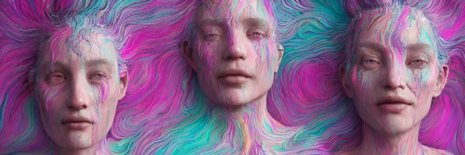 Prompt: A portrait of a very beautiful goddess with pink and grey hair radiating an artwork of multicolored swirling paint and impasto by WLOP , volumetric displacement by Lee Griggs, volume noise, hyperrealism, subsurface scattering, octane render, 8k, xparticles