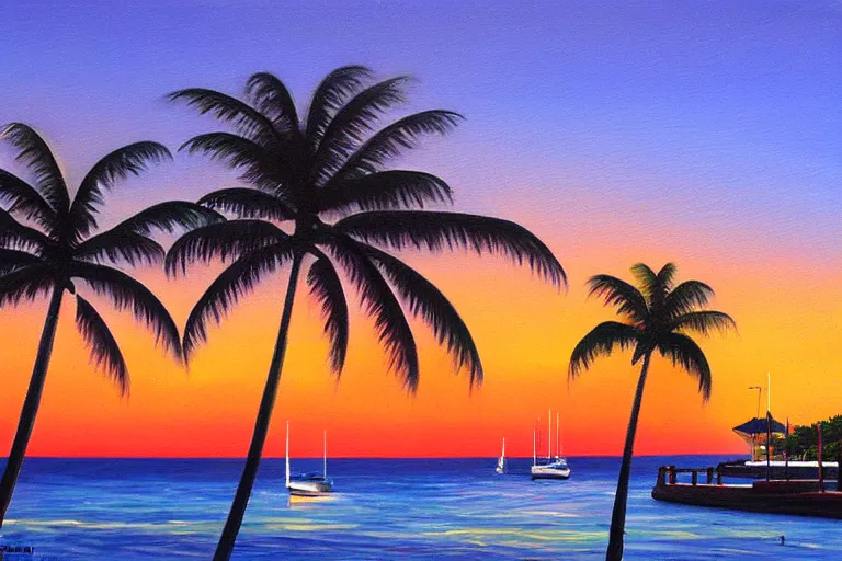 Image similar to Lahaina Maui harbor, sunset with palms, by Miyazaki, oil painting