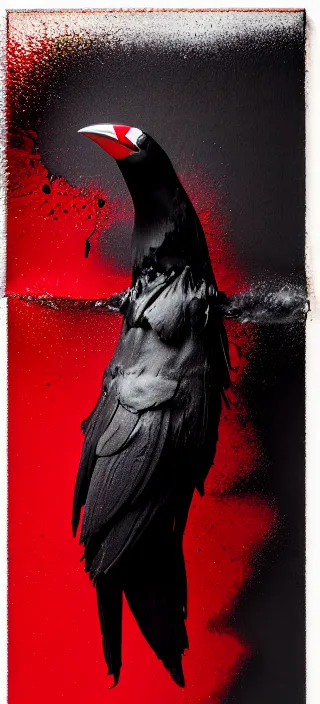 Prompt: canvas coated with red paint, black stripes, mechanical crow flying out of water, matte paint, alberto seveso