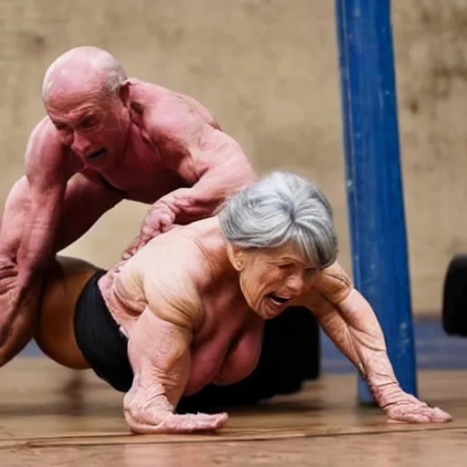 Prompt: an old woman with a body like a bodybuilder pouncing on helpless victims