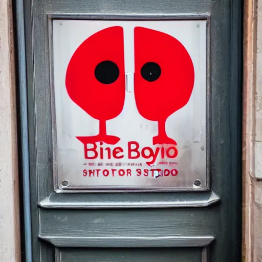 Image similar to A door inside a french college building with a sticker on it of the Red Bird Studios logo, the door is slightly opened with a pair of eyes peeking through the gap