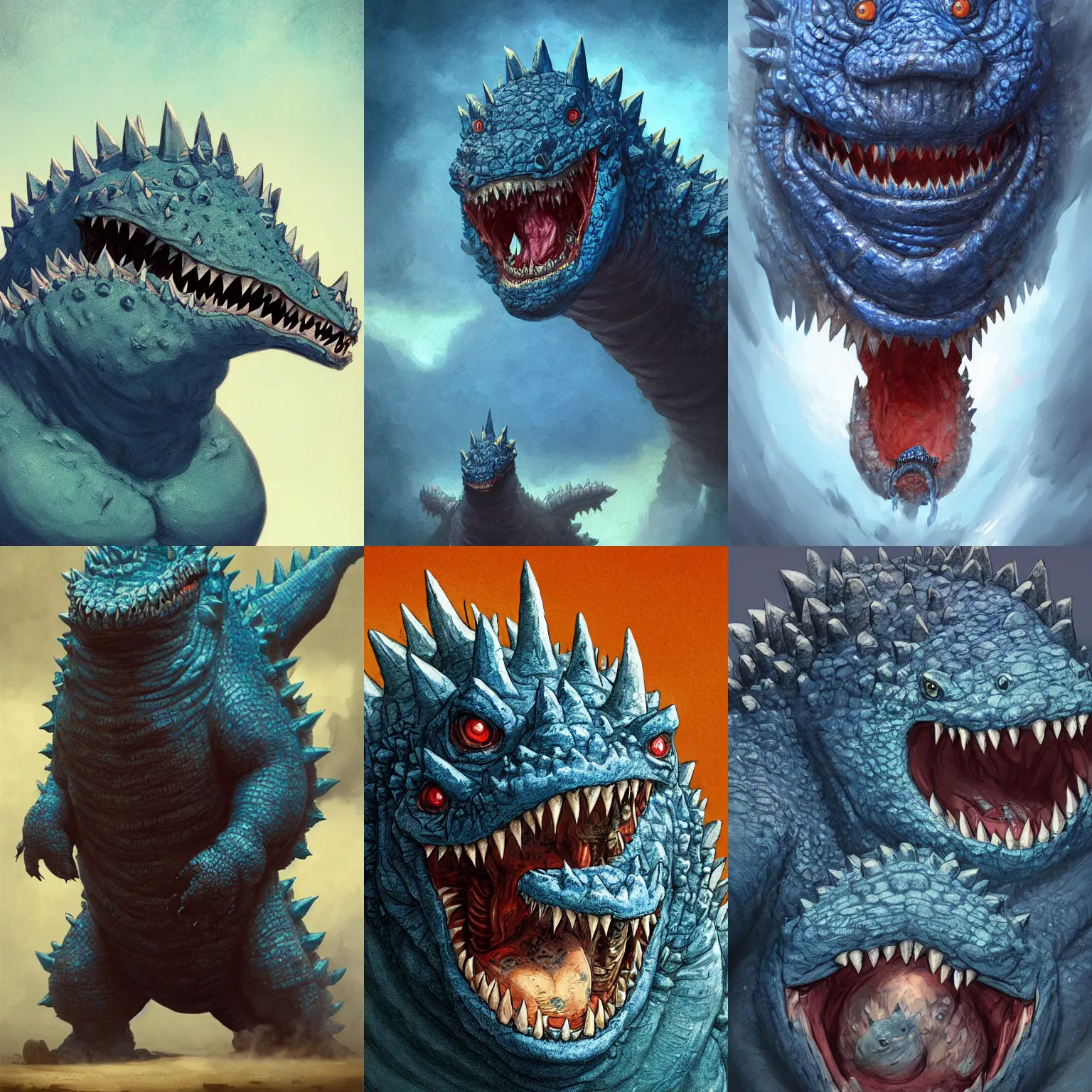 Prompt: portrait backmouthed tiny fat blue godzilla, his back is a mouth, thousands of fangs. horrific, gruesome highly detailed, digital painting, artstation, concept art, smooth, sharp focus, illustration, art by wlop, mars ravelo and greg rutkowski