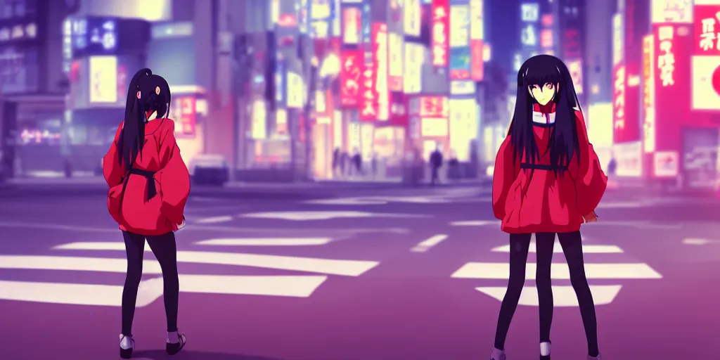 Image similar to a beautiful anime girl with black long hair wearing japanese uniform high school waiting for crosswalk under the red light, tokyo city background, makoto shinkai style, anime style digital art, 8 k