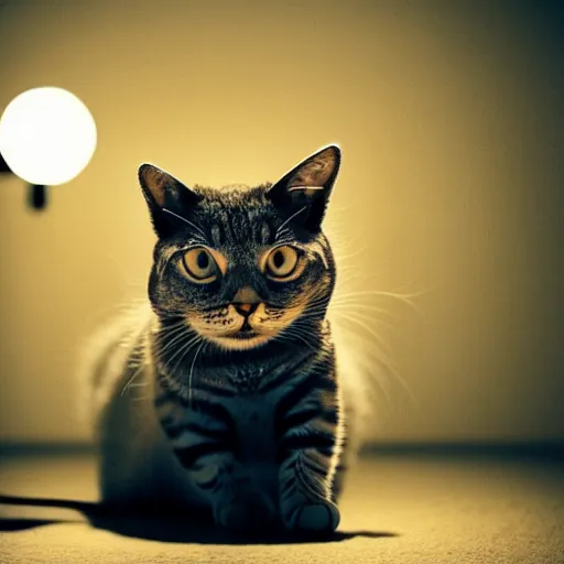 Image similar to cute cat with tiny undersized legs, big head, cinematic lighting, beautiful composition