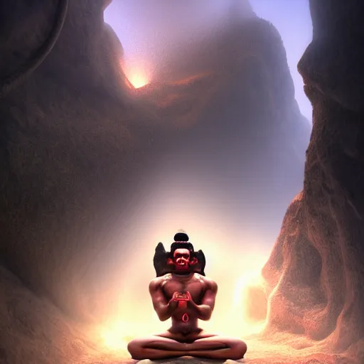 Prompt: photo realistic Hanuman meditating in caves of magical world, foggy ,muscular body,glowing effect, clean clear face,artstation, devianart, hyperreal, hyperdetailed, 8k,hd