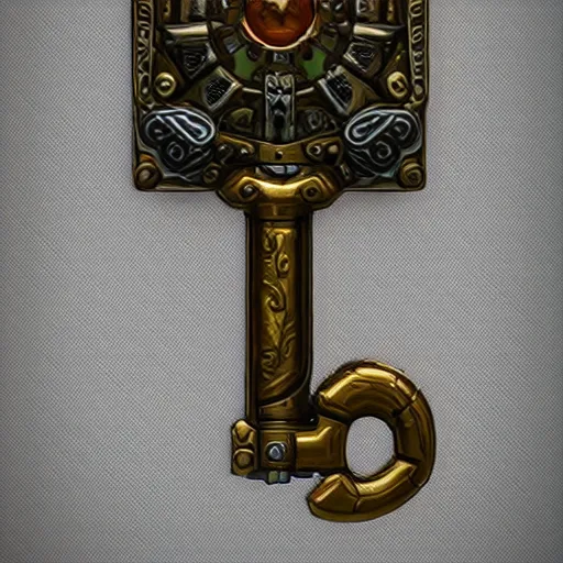 Image similar to a stylised old colorful metal key, key is on the center, rpg game inventory item, rim light, outer glow, on the white background, high poly vray, stylised textures, trending on artstation