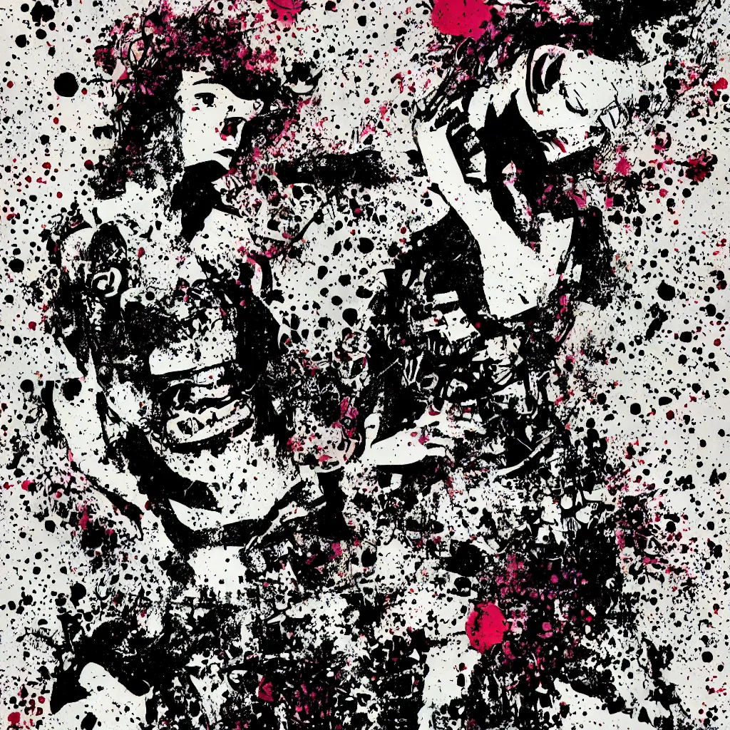 Image similar to girl figure, abstract, jet set radio artwork, ryuta ueda artwork, cryptic, rips, spots, asymmetry, stipple, lines, glitches, color tearing, pitch bending, stripes, dark, ominous, eerie, hearts, minimal, points, otomo katsuhiro artwork, technical, natsumi mukai artwrok, folds