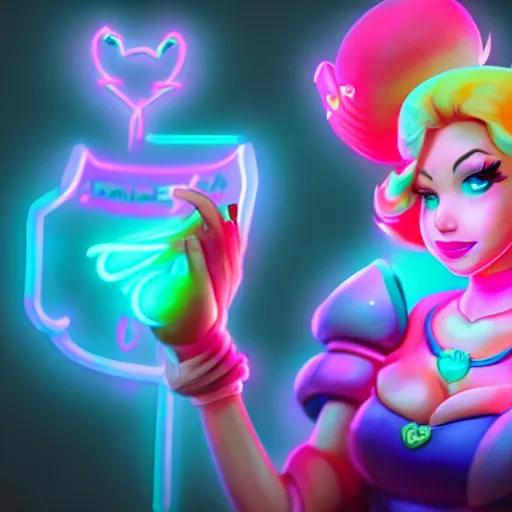 Image similar to Princess peach mixed with jinx from league of legends with neon lighting, trending on artstation, by WLOP and Joe Benitez