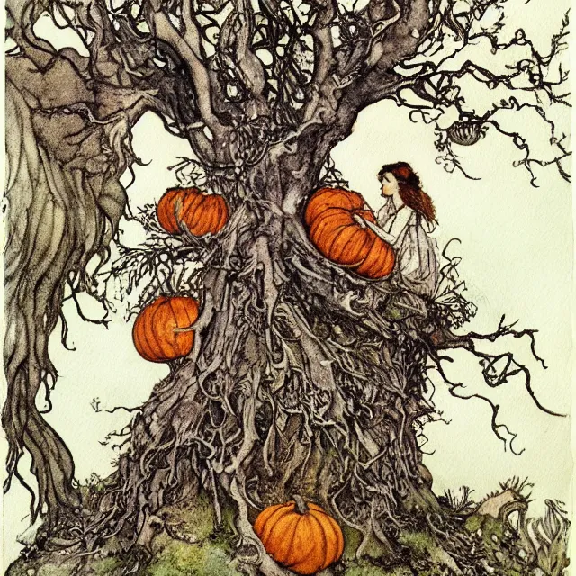 Image similar to a detailed, intricate watercolor and ink portrait illustration with fine lines, of a young alicia vikander in a dress climbing a gnarled tree in a pumpkin patch, by arthur rackham and edmund dulac