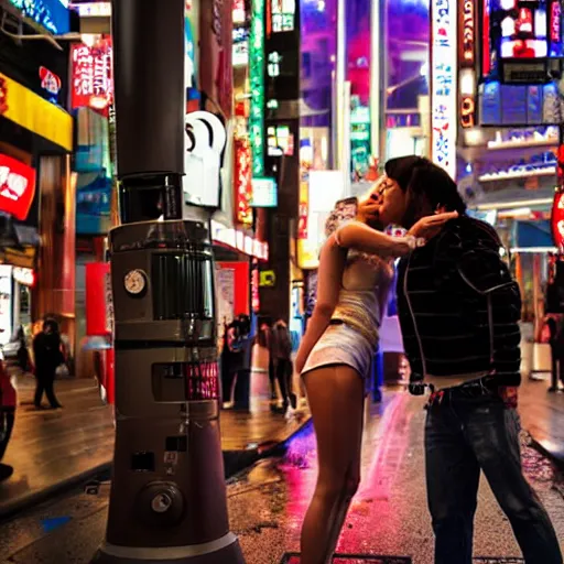 Prompt: Photograph of humanoid robot lovers kissing in cyberpunk Kabukicho