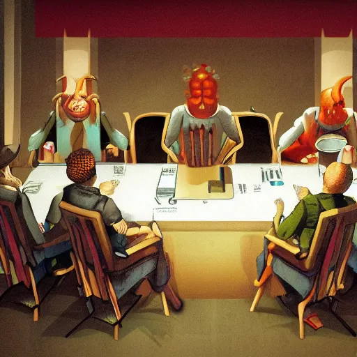 Prompt: postmodern era, social media age, a person sits in a high chair at a table staring delectably, a human moderator chewing on the arbitrary egregore of their community group, art depicting control freak, trending, artstation