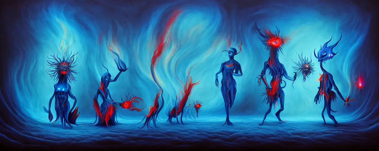 Image similar to whimsical blue fiery alchemical creatures, surreal dark uncanny painting by ronny khalil