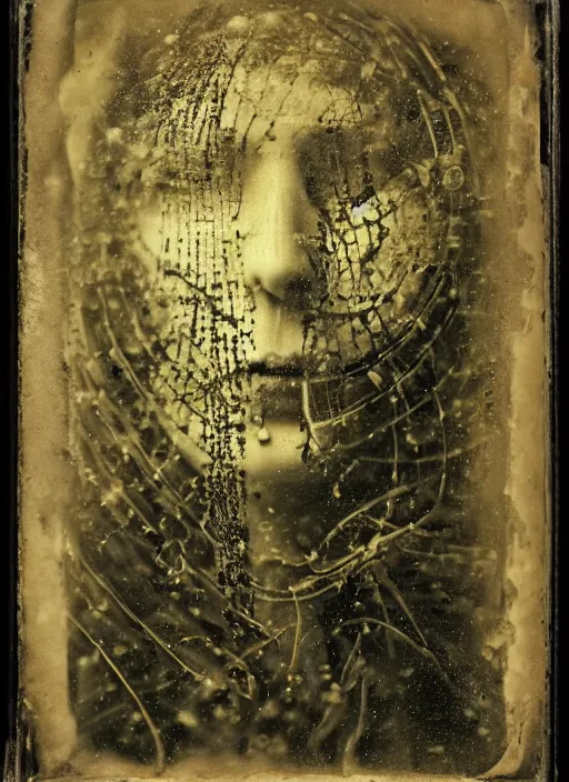 Image similar to old wetplate daguerreotype portrait of the witch, explosion of data fragments, fractal, intricate, elegant, highly detailed, parallax, leica, medium format, subsurface scattering, by jheronimus bosch and greg rutkowski and louis jacques mande daguerre