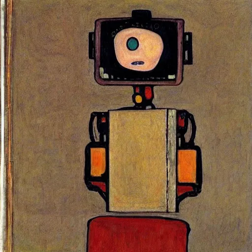 Prompt: a robot reading a book by egon schiele