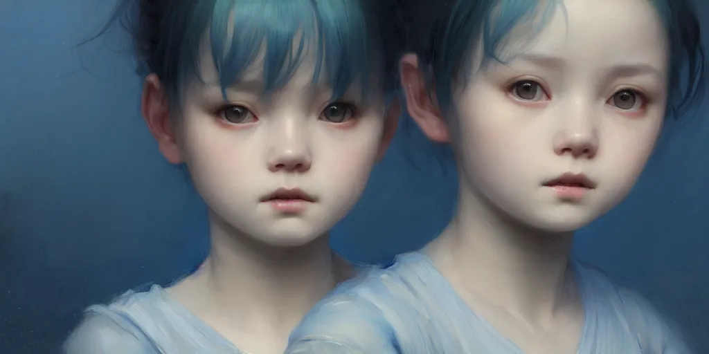 Prompt: portrait of a big eyed, blue short haired beautiful little girl looking sad to the camera with sad eyes, extremely detailed digital painting, in the style of fenghua zhong and ruan jia and jeremy lipking and peter mohrbacher, mystical colors, rim light, beautiful lighting, 8 k, stunning scene, raytracing, octane, trending on artstation