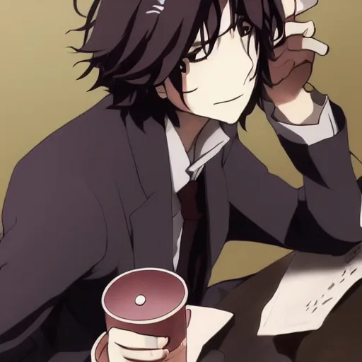 Image similar to Dazai from Bungou Stray Dogs drinking mate