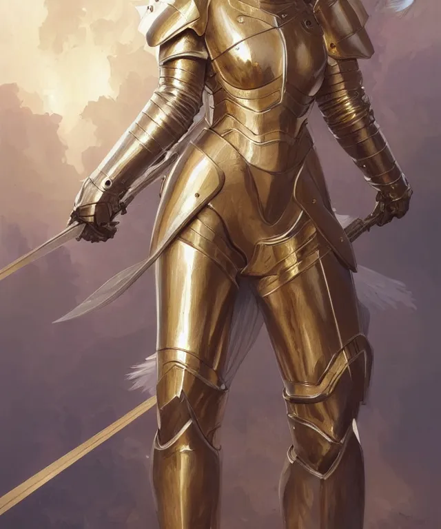Image similar to Female knight angel in gold and silver armor, highly detailed, digital painting, artstation, concept art, smooth, sharp focus, illustration, art by artgerm and greg rutkowski and alphonse mucha