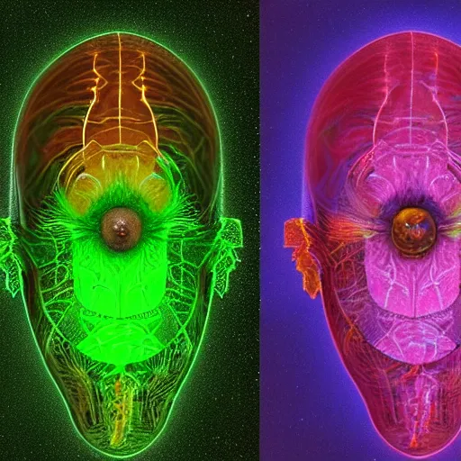 Image similar to “Holographic thermography scan of a alien with big bug eyes , the skin texture of the alien is slime with visualization of veins in 4k, the aliens mouth is human like and it has human form, worms and holes in it’s head using depth field, unreal engine, 4k concept art and hyper realism, overlay of worms on the alien head”