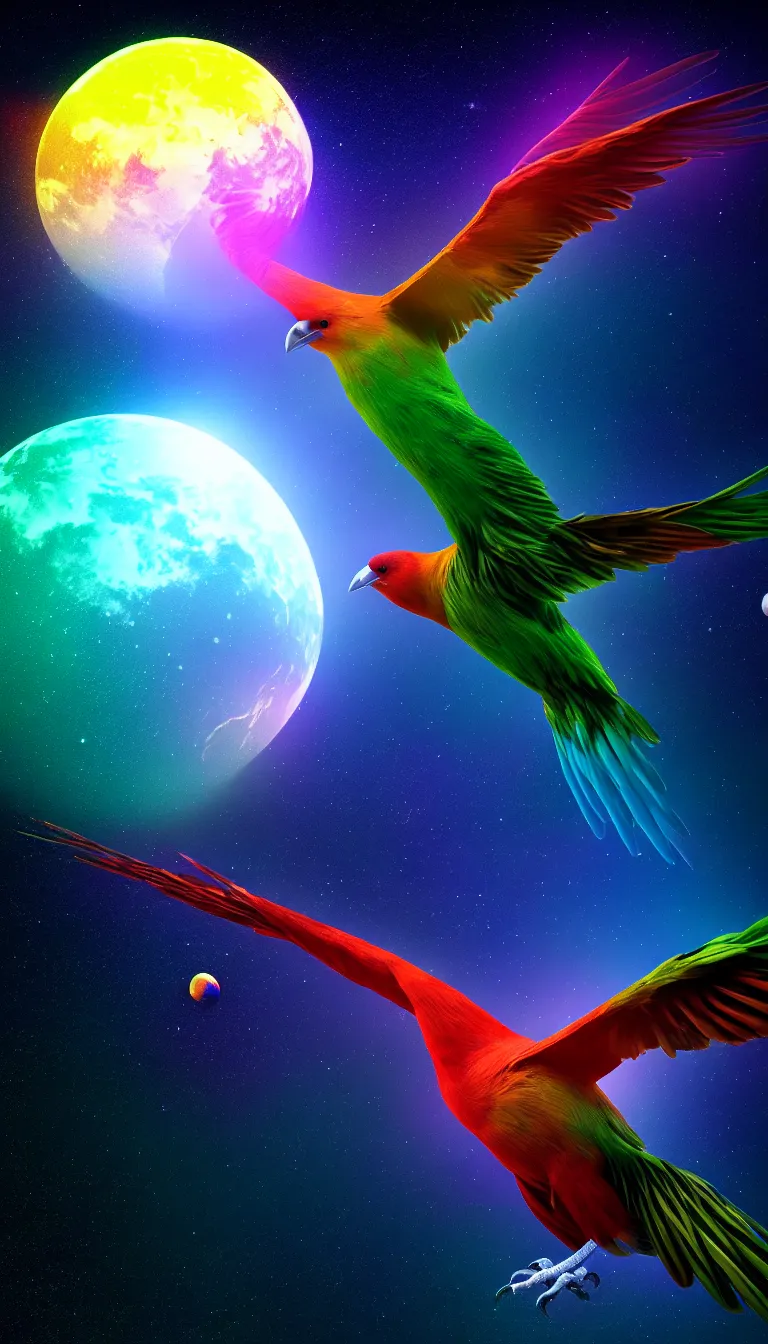 Prompt: highly detailed photo of single big colorful bird flying in the dark space, bird's head and eye are visible, hyper realistic, concept art, 8 k detail post - processing