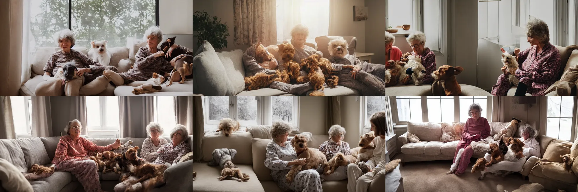 Prompt: a 70 year old woman with brown hair, sits on her sofa, wearing pyjamas, with her two small terrier dogs cuddled up with her, one on each side, cinematic lighting, summer evening, light shafts streaming through window