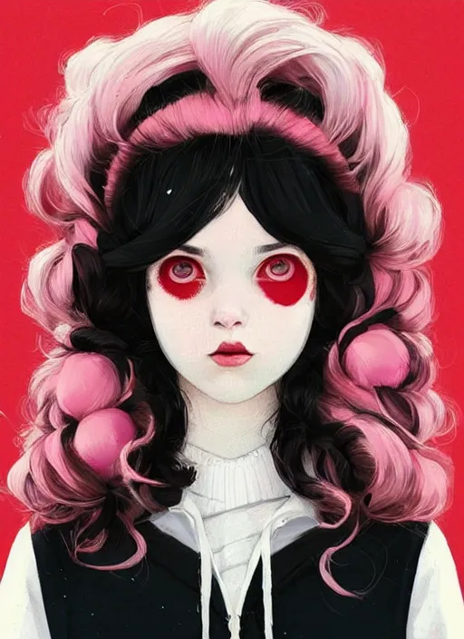 Image similar to highly detailed portrait of a girl with scarlet lips and pink eyes, tartan hoody, ringlet hair, short white hair by atey ghailan, by greg rutkowski, by greg tocchini, by james gilleard, by joe fenton, by kaethe butcher, gradient pink, black, red, cream and white color scheme, trending in pinterest, award winning details