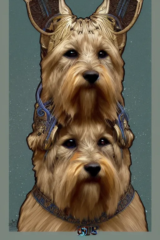 Prompt: norwich terrier as an Viking warrior, fantasy, intricate, elegant, highly detailed, digital painting, artstation, concept art, smooth, sharp focus, illustration, art by alphonse mucha