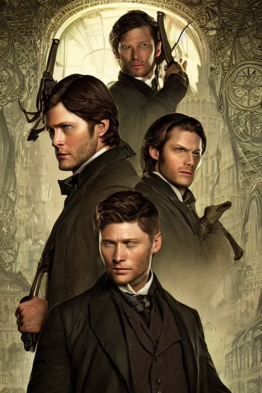 Image similar to a detailed matte portrait of jensen ackles and jared padalecki in a supernatural sherlock holmes story, masterpiece, 8 k, art by alphonse mucha and greg rutkowski