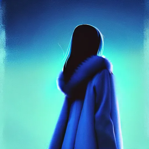 Image similar to giant droplets of water floating around a flying girl with long sky blue hair, low - angle shot from behind, blue coat, fur scarf, ultra fine detail, dark theme, realistic painting, photography, psychedelic, film still, cinematic, wlop, ilya kuvshinov, ismail inceoglu,