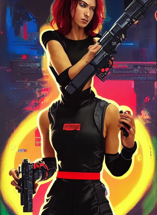 Image similar to beautiful cyberpunk female athlete wearing black jumpsuit and red jacket while firing a futuristic yellow belt fed automatic pistol. ad poster for pistol. cyberpunk poster by james gurney, azamat khairov, and alphonso mucha. artstationhq. gorgeous face. painting with vivid color, cell shading. ( rb 6 s, cyberpunk 2 0 7 7 )