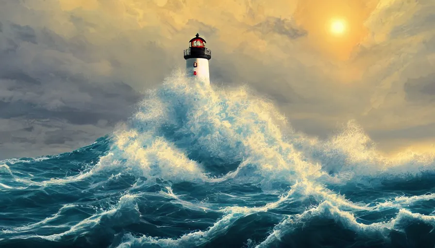 Image similar to a lighthouse being struck by a huge wave out at sea, digital art, highly detailed, realistic, bright colors, 8 k